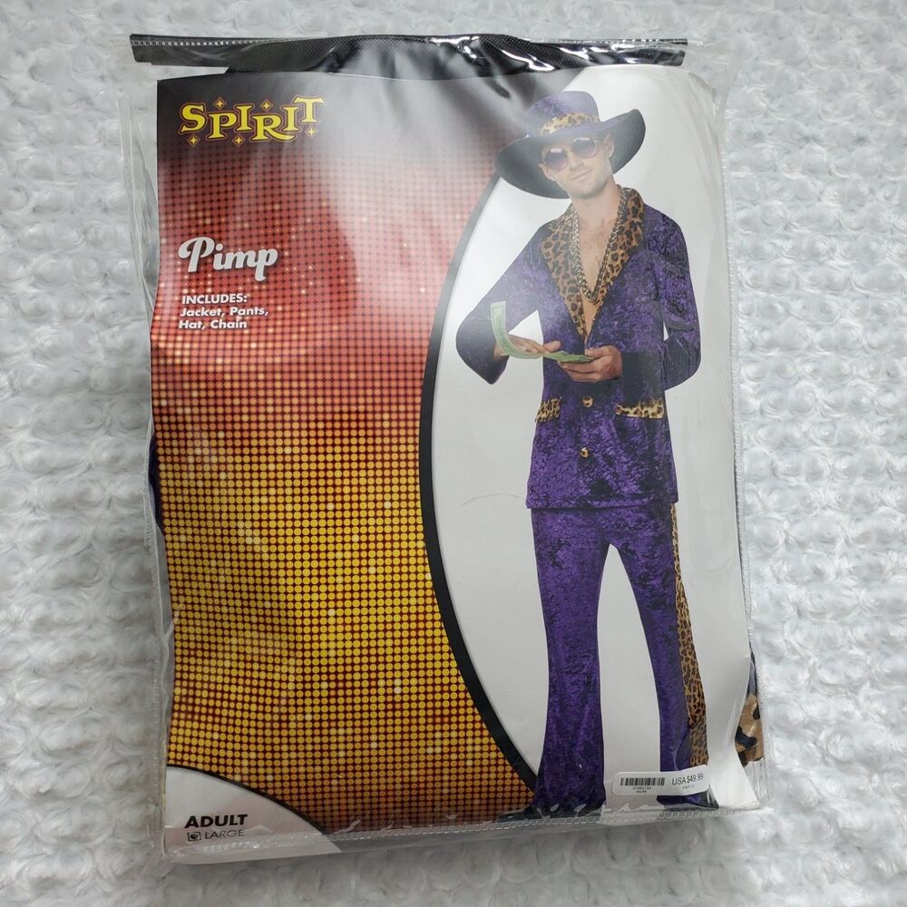 Spirit Halloween Pimp Costume Suit Set L Purple Mens Includes Hat Chain